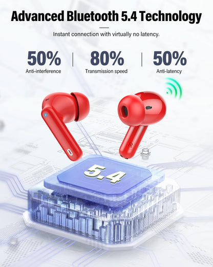 Wireless Earbuds, Bluetooth 5.4 Headphones Bass Stereo, Ear Buds with Noise Cancelling Mic, IP7 Waterproof in Ear Earphones, 36H LED Display Bluetooth Earbuds for Laptop Pad Phones Sports, Red
