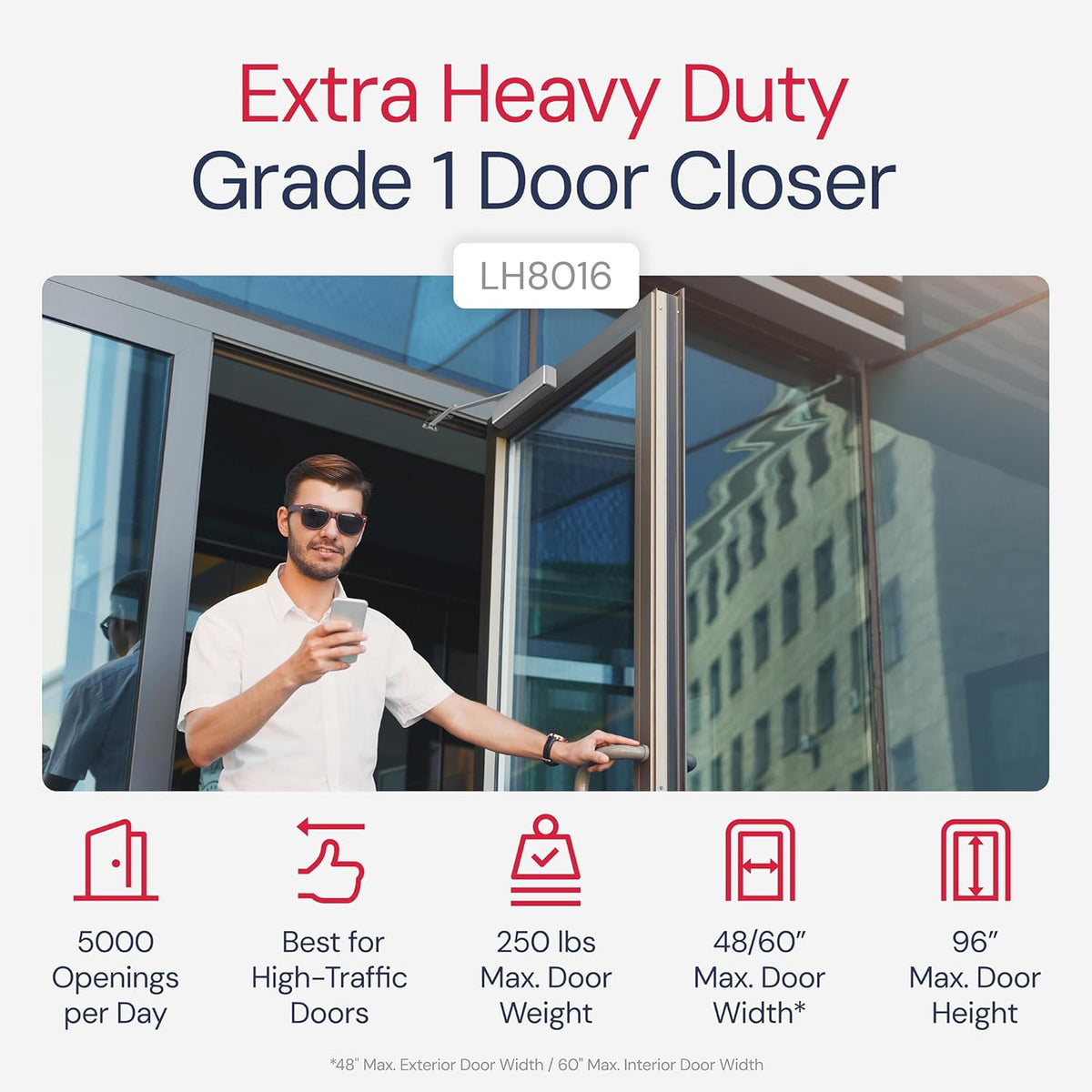 Lawrence Extra Heavy Duty Door Closer Commercial Grade 1 - Adjustable 6-Speed Delayed-Action Door Control with 3 Pistons – Flexible Installation with Included Hardware - Embassy Series LH8016