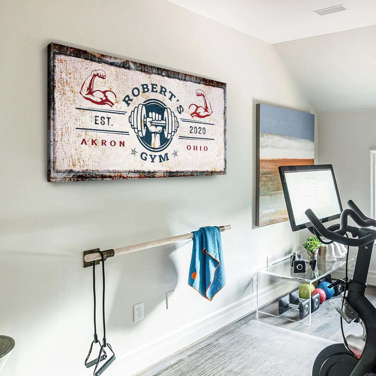 Tailored Canvases Personalized Gym Sign Wall Art Decor - Motivational Canvas for Home Gym, Workout Room, Garage, Fitness Center - Workout Inspirational Posters - One Hand with Dumbbell on Rustic, 60x30in