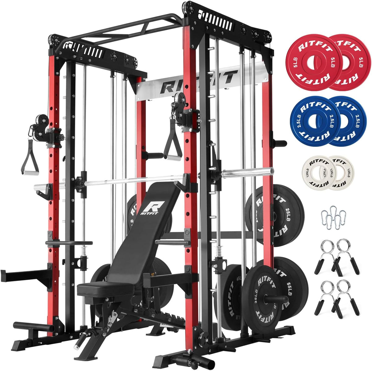 RitFit M1 & M1 Pro Smith Machine with Cable Crossover System, Multi-Function Squat Rack Power Cage for Home Gym, Power Rack and Packages