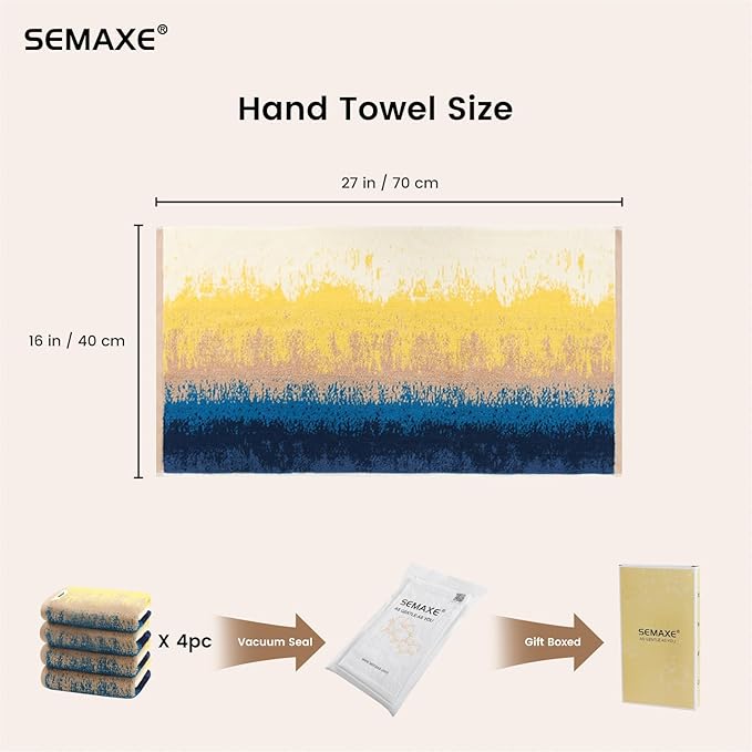 SEMAXE Hand Towels for Bathroom, 100% Cotton Towels with Hanging Loops, Soft and Absorbent, 4 Pack Hand Towel Set for Gym, Shower, Hotel, Spa and Kitchen, Colorful Towel - Beach Collection
