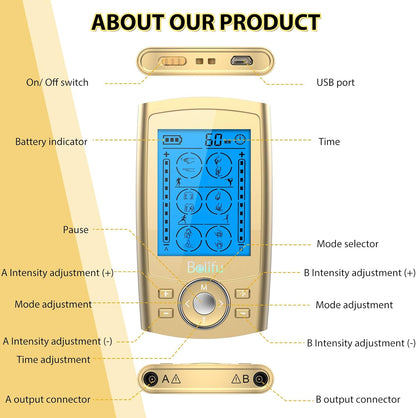 Belifu Dual Channel TENS EMS Unit 24 Modes Muscle Stimulator for Pain Relief Therapy, Electronic Pulse Massager Muscle Massager with 10 Pads, Dust-Proof Drawstring Storage Bag, Fastening Cable Ties