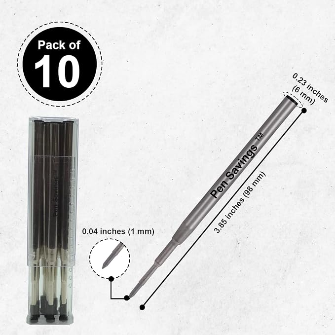 10 Pack, Pen Savings Ballpoint Pen Refills Compatible with Montblanc Twist Style Ballpoint Pens, Medium Point (Bulk Packed) (Black)