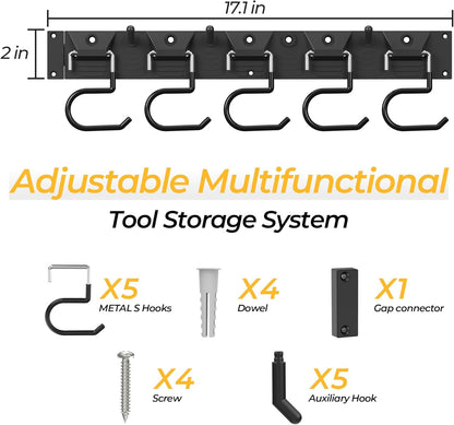 34 Inch Garden Tool Organizer Wall Mount with Non Slip Rubber Coated Metal Hooks, Storage Rack for Indoor/Outdoor Shovel, Rake, Mop and Broom Holder Wall Mount （ 10 Hooks+10 Holders