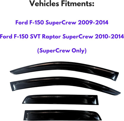 KPY Window Visors Rain Guards Compatible with 2009-2014 Ford F150 SuperCrew, Window Wind Deflectors Vent for 2010-2014 F150 SVT Raptor 4PC Tape-On for 2009 2010 2011 2012 2013 2014 (SuperCrew Only)