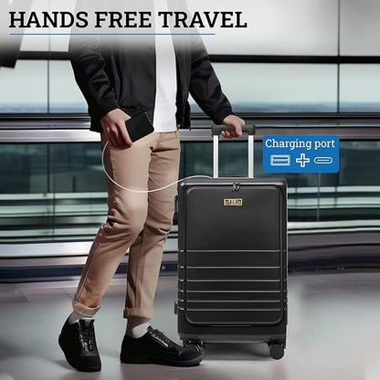 20 Inch Hardside Carry On Luggage with Spinner Wheels, Airline Approved 22x14x9 Carry-On Luggage with Front Pocket (Black)