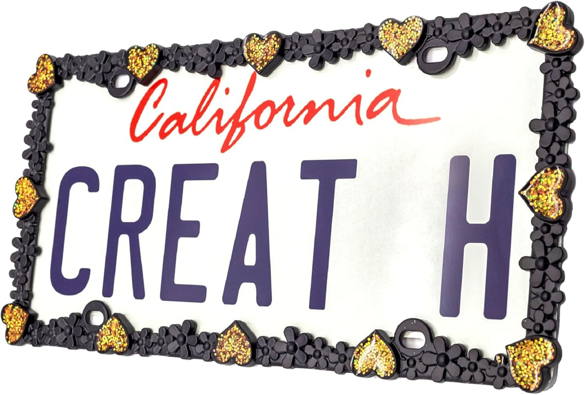 Creathome 3D Shining Daisy Heart License Plate Frame from Pure Zinc Alloy Metal Perfect Plate Holder, Matt Black with Gold Glitter, Luminously Heart