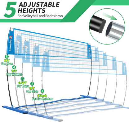 12ft/14ft Portable Volleyball Training Practice Net Set 5 Heights Adjustable for Indoor Outdoor with Tetoron Net, Freestanding Base, PU Volleyball, Carry Bag, Sandbags - Instant Set Up