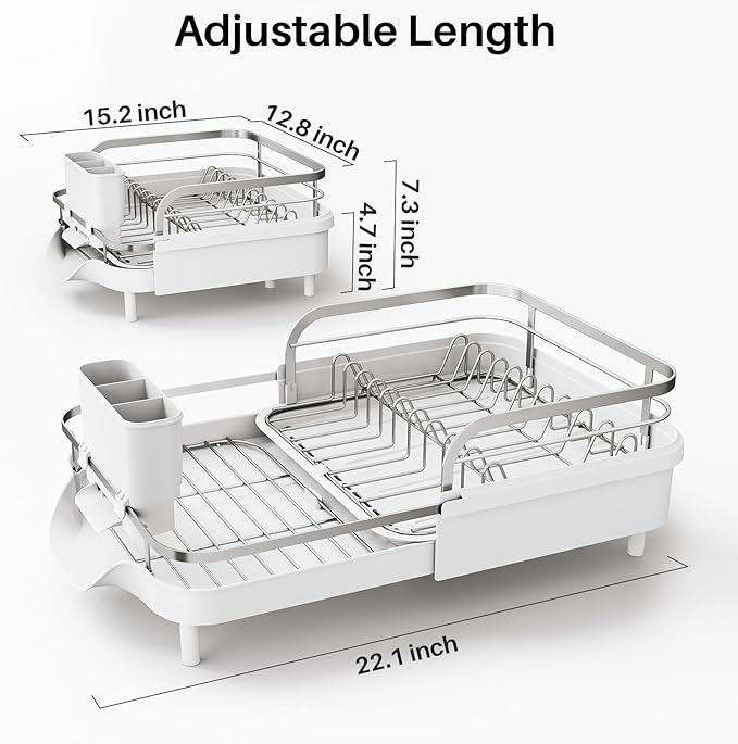 SNTD Dish Drying Rack, Expandable Dish Rack for Kitchen Counter, Stainless Steel Dish Drainer with Drainboard Set and Utensil Holder (White)