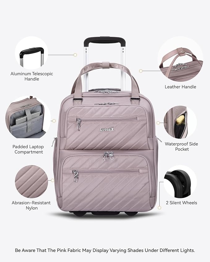 LUGGEX Underseat Carry On Luggage with Wheels, Stylish Lightweight Under Seat Luggage, Soft Sided Personal Item Suitcase for Short Trip (Grey Pink, 16 Inch)