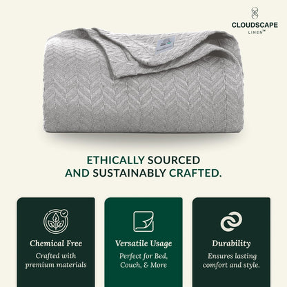 Cloud Scape Linen 100% Cotton Blanket King Size for Bed – Lightweight Summer Blanket, Herringbone Weave,fits California King Size Bed, 92x108,Light Grey