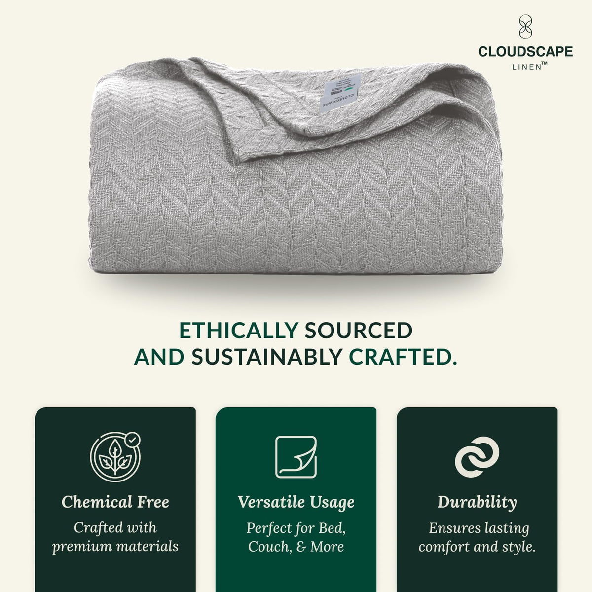 Cloud Scape Linen Herringbone Cotton Throw Blanket for Couch, Bed, Home Decor, Soft, Lightweight, All-Season Travel Blanket, 50 x 70, Light Grey