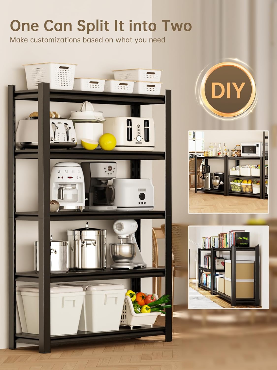 JHYKHG 63" H Storage Shelves,5-Tier Heavy Duty Garage Shelving,Adjustable Shelving Unit,Metal Shelf,Boltless Assembly Rack for Warehouse,Shed,2,500 lb Load,16 x 24 x 63 Inches,Black