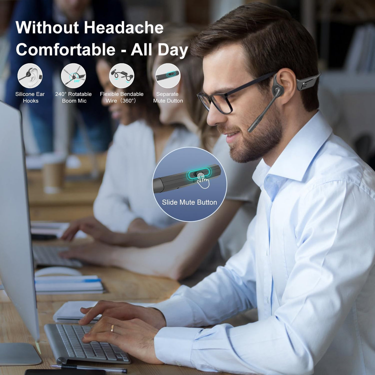 Trucker Bluetooth Headset with DSP Noise Cancelling Microphone, Open Ear Headphones for Calling, Bluetooth 5.3 Wireless Headset with Mute Button for Computer Work, 16H Playtime