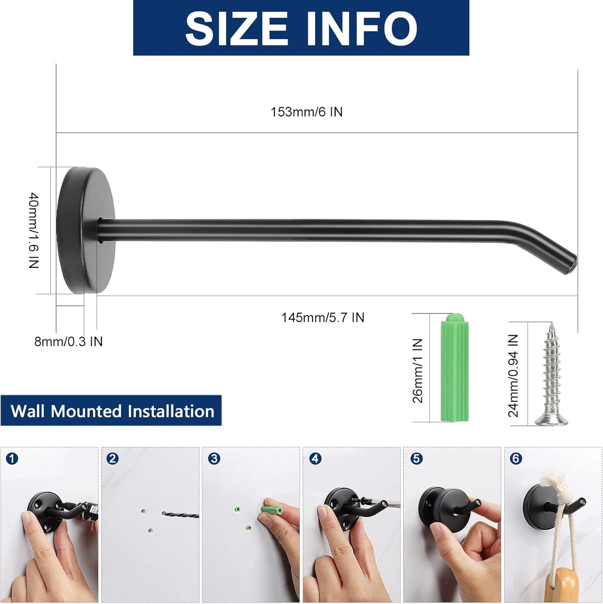 NearMoon Coat Hooks, Wall Hooks for Hanging Hat Hurse Robe, 304 Stainless Steel Heavy Duty Towel Hangers for Bathroom Livingroom Hotel Kitchen Garage, 6 Pack (6 Inch, Matte Black)