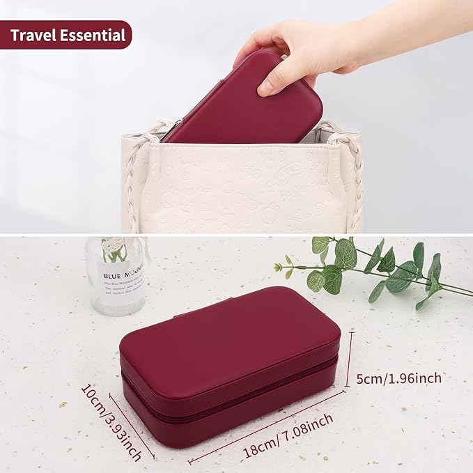 DesignSter Travel Jewelry Box, PU Leather Portable Jewelry Case, Small Jewelry Boxes for Gifts, Travel Jewelry Organizer for Women Rings Earrings Necklaces Bracelets (Wine Red)
