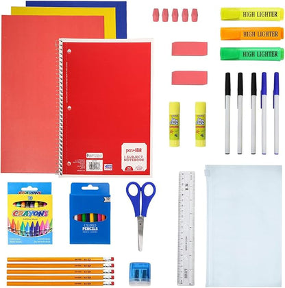 Moda West 50 Piece Bulk School Supplies Kits - Pens, Pencils, Crayons, and More - Value Pack of 12 Kits - Essential Box of School Supplies for Elementary, Middle, and High School Students