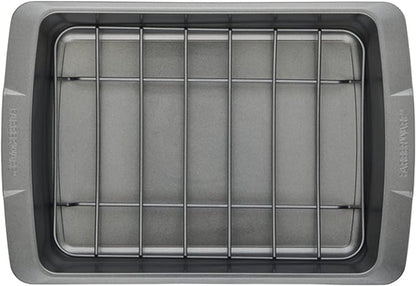 Farberware Bakeware Nonstick Roasting Pan/Roaster with U-Rack, 14.75 Inch x 10.75 Inch - Gray
