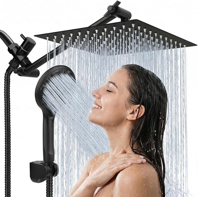 Tudoccy Shower Head, 8‘’ High Pressure Rainfall Shower Head/Handheld Shower Combo with 11'' Extension Arm, 9 Settings Anti-leak Shower Head with Holder, Height/Angle Adjustable, Matte Black