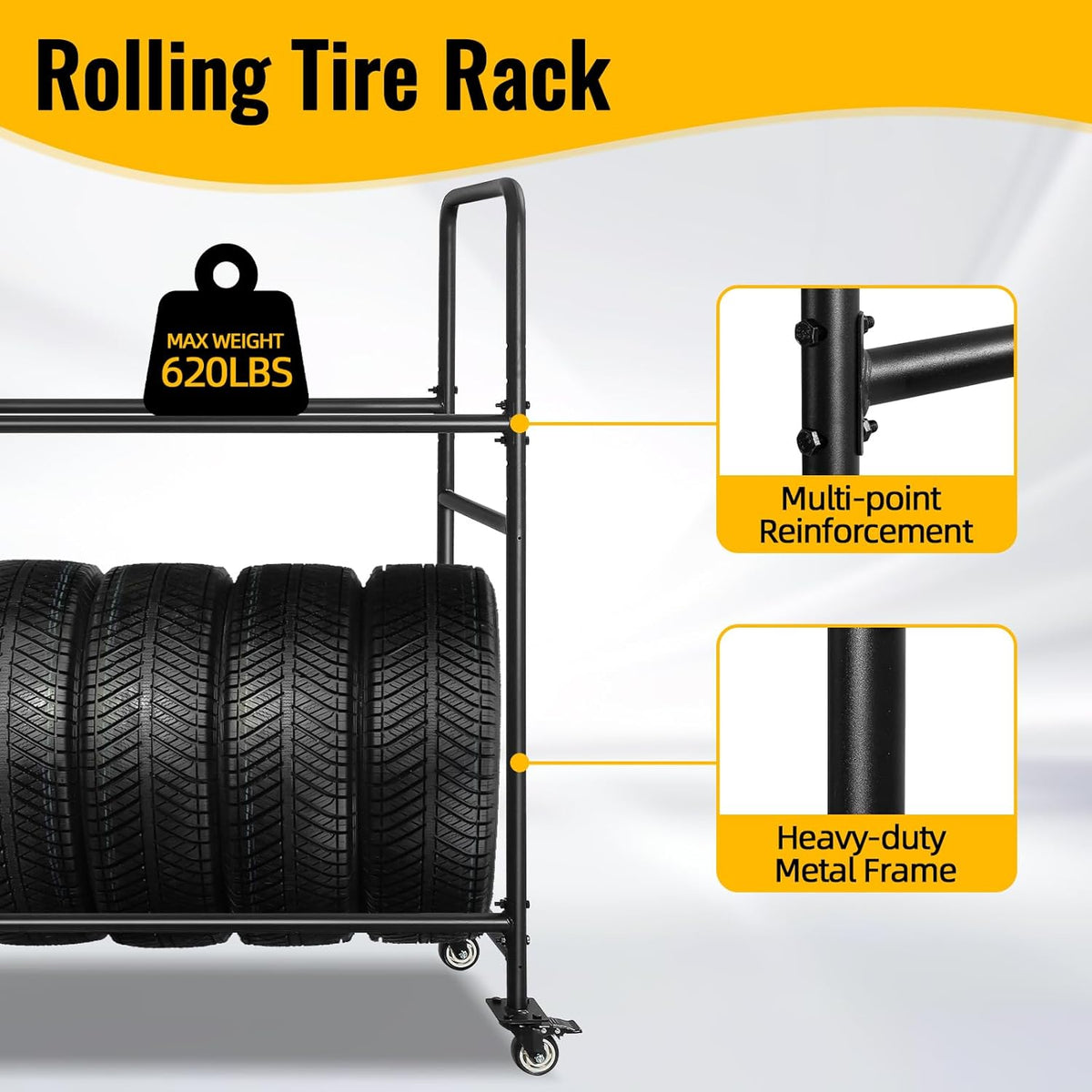 Tire Rack, Adjustable Height Metal Rolling Storage Rack 60" x 59" x 21" for Garage, Warehouse, Indoor Outdoor Use, Holds Firewood & Tires