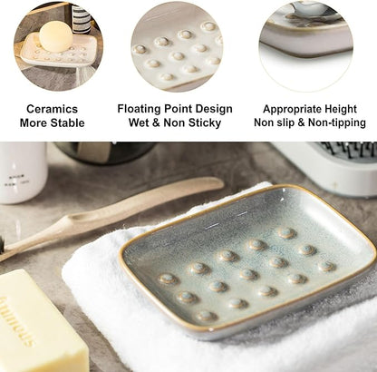 Soap Dish for Shower, Ceramic Soap Dish Non-Slip Soap Holder Bar Saver Tray for Bathroom Kitchen Sink, Floating Point Design Save Soap Loss