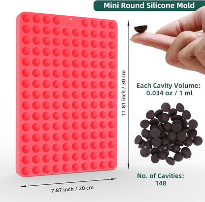 Mini Round Silicone Molds, 148 Cavities Semi Sphere Chocolate Candy Mold for Baking and Freezing Chocolate Chip/Gumdrop/Cookie/Dog Treat/Cake Decor/Fruit Snack (with a Scraper)