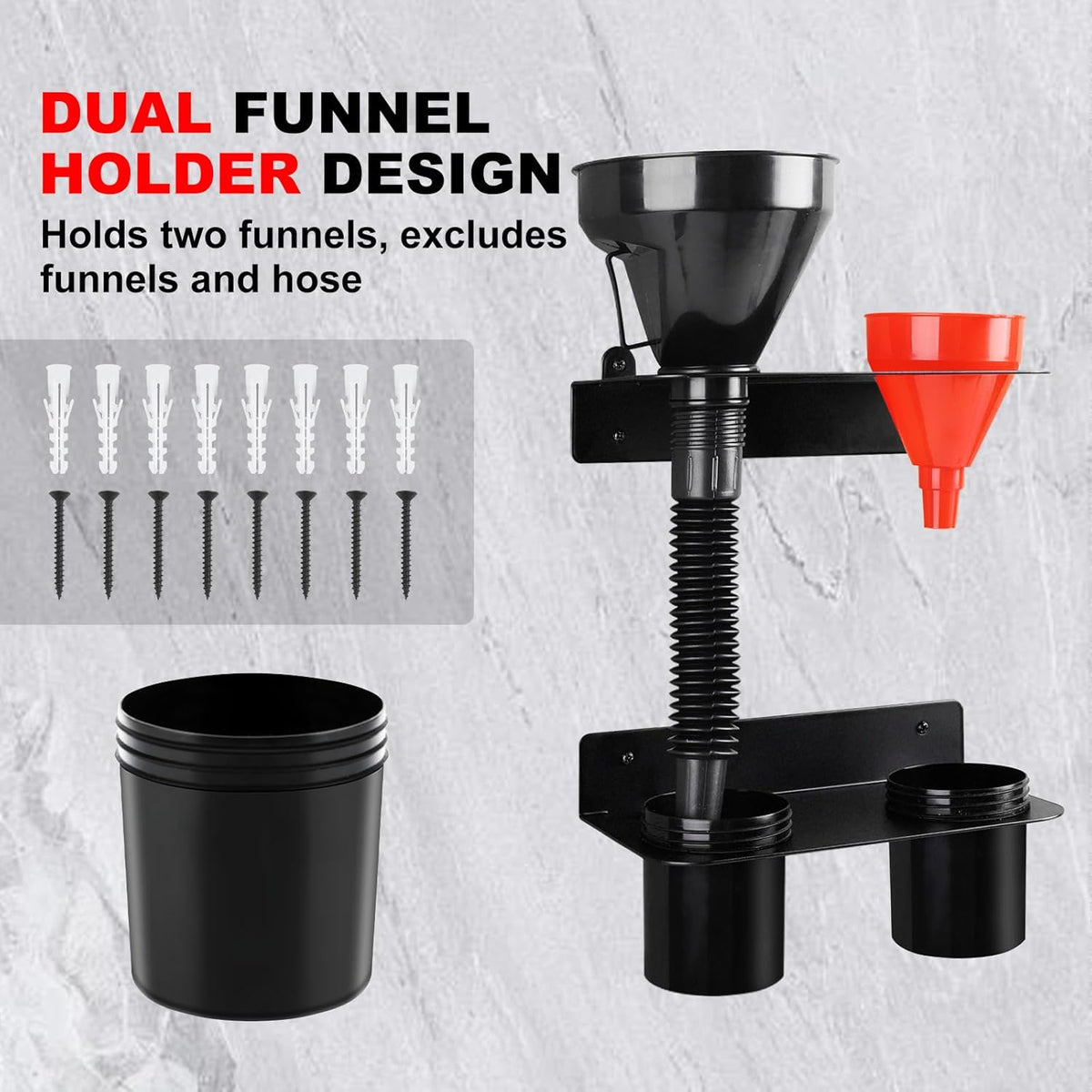 Oil Dual Funnel Holder Storage Rack Includes 2 Plastic Removable Drip Cups, Wall Mount Fluid Drain Funnel Kit Organizer Bracket for Enclosed Race Trailers, Automotive Garage Shop, Black