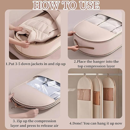 Space Saving Hanging Garment Bag With Self Compression Zipper,Garment Bags for Travel,Dust Cover for Coats Down Jackets, Closet Clothes Organizer with Clear Window (Beige, L*2Pcs)