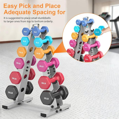 TomCare 6-Tier|5-Tier|4-Tier|2-Tier Dumbbell Rack Stand Only for Home Gym | Stable A-Frame, Fits 5–35 lb Dumbbells, Protective Padded Cradles, Adjustable Feet, Easy-Carry Handle (Stand Only)