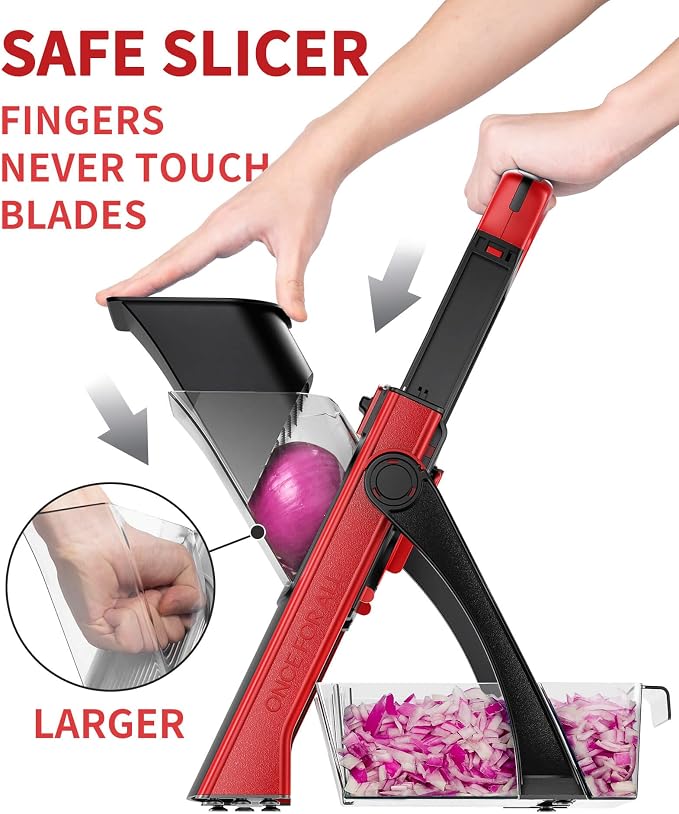 ONCE FOR ALL Safe Mandoline Slicer For Kitchen, Biger Size, Adjustable Vegetable Chopper Food Slicer Potato French Fry Cutter with Peeler, Detachable, Kitchen Chopping Artifact (Red)
