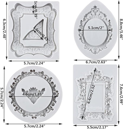 Photo Frame Fondant Mold Picture Frames Silicone Molds Vintage Frame Mold Baroque Frames Chocolate Molds For Sugarcraft Cake Decoration Cupcake Topper Candy Polymer Clay Gum Paste Set of 4