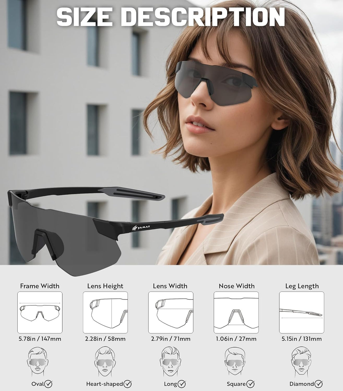 YAMAS Sport Sunglasses for Mens Womens, Wrap around Sunglasses, Non-Slip Nose Pads for Climbing and Running, UV400 Protection