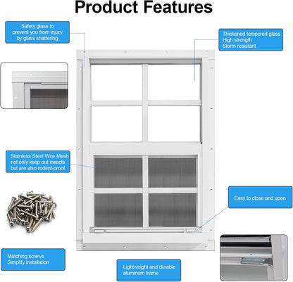 NeatiEase Upgraded Shed Windows 2 Pack, 24" x 24" Windows with Tempered Glass and Stainless Steel Screen for Shed, Chicken Coop, Playhouse, Household, Garage(White)