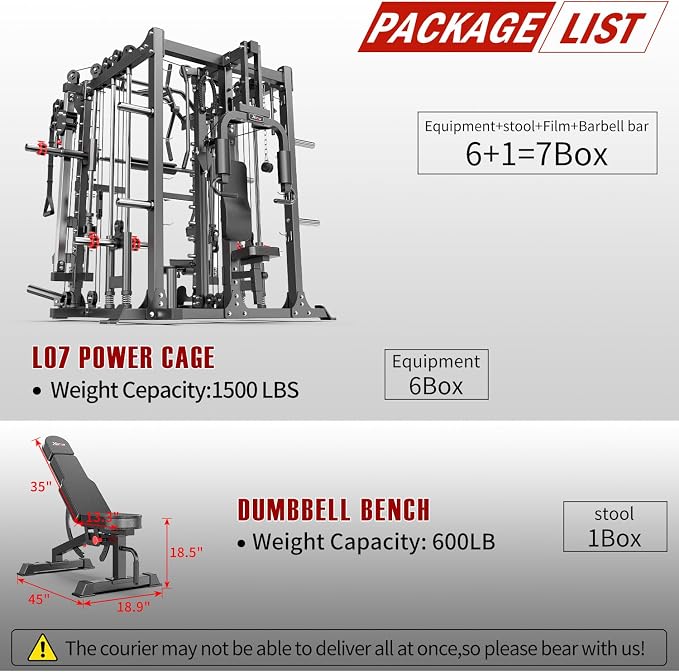 Smith Machine，Multi-Function Squat Rack Power Cage with Cable Crossover System,with Optional Weight Bench, Olympic Barbell Weight Set, for Home Gym