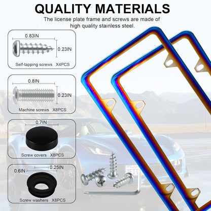 LivTee 4 Holes Stainless Steel License Plate Frames, 2 PCS Car Licence Plate Covers, Automotive Exterior Accessories Slim Design with Bolts Washer Caps for US Vehicles, Colorful