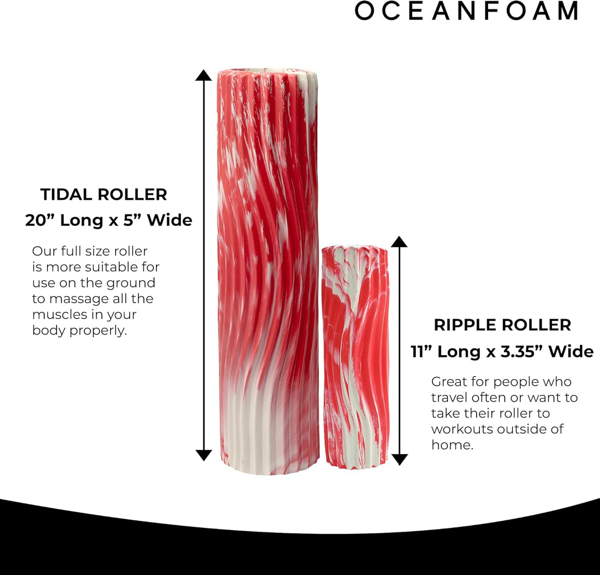 Oceanfoam Tidal Roller - Red Marbled - Muscle Massage Foam Roller for Back Pain & Stretching - Firm and Ergonomic Wide Wave Textured - Yoga, Athletics, & Wellness - Full Size, 20" x 5"