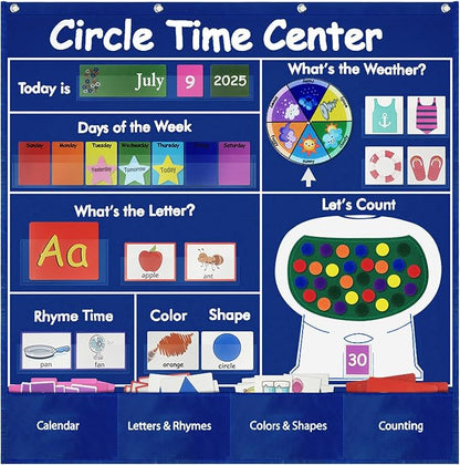 Circle Time Learning Center Classroom Pocket Chart, Educational Teaching Materials with Cards for Preschool, Learning Calendar Weather Letter Rhyme Color Shape Counting Number etc, Blue