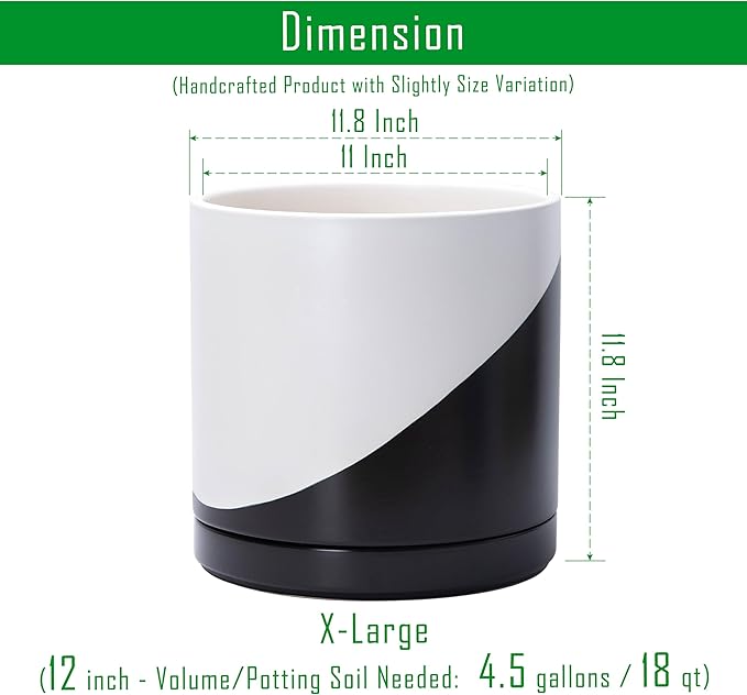 D'vine Dev 12 Inch Ceramic Planter Pot with Drainage Hole and Saucer, Indoor Cylinder Round Planter Pot, Oblique Monochrome Black and White, 94-O-F-K