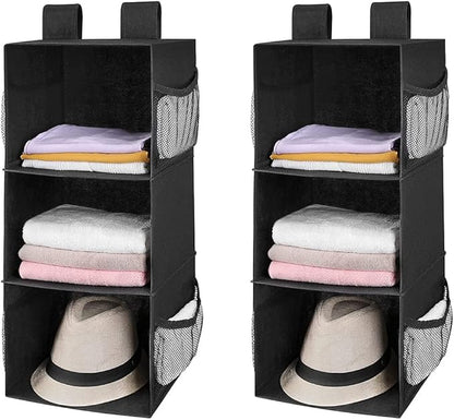 MAX Houser 3-Shelf Hanging Closet Organizers, Collapsible Closet Hanging Shelves for Camper, Nursery Hanging Organizers, Black, 2-Pack