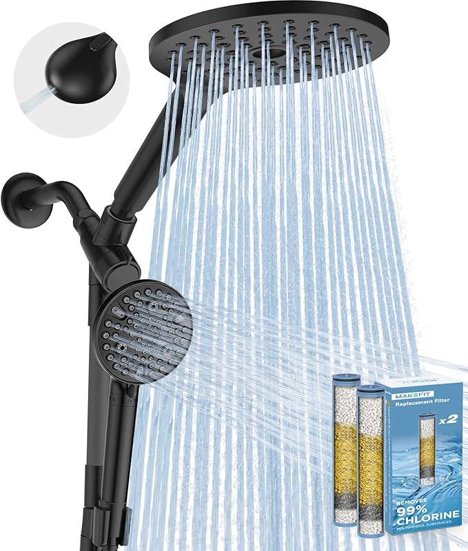 MakeFit Dual Filtered Rain Shower Head Combo, High Pressure Handheld Shower Head with Adjustable Bar - Rainfall Shower Head And Showerhead with Filter for Hard Water - Removes Chlorine