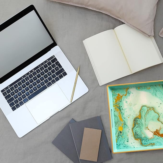 Turquoise Marbling Decorative Tray with Handles, Morden Plastic Rectangular Serving Tray for Coffee Table Bathroom, Ottoman, Home Decor, 15.7"* 10.2"* 1.38"