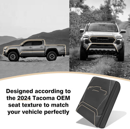 Muslogy Center Console Armrest Cover Compatible with 2024+ Toyota Tacoma 2025+ 4Runner Accessories Armrest Lid Protector Vegan Leather Cushion 1-Inch Extra Thick(Black/Gray Stitching)