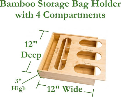 Lipper International Bamboo Storage Bag Organizer Holder and Dispenser for Kitchen Drawer or Countertop, 4 Compartment Sizes