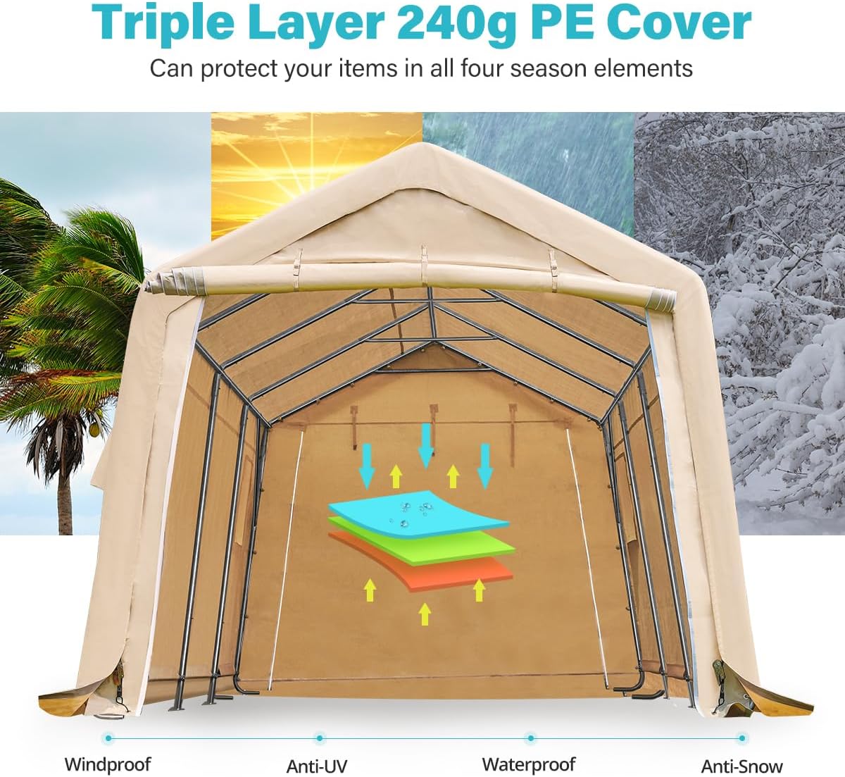 ADVANCE OUTDOOR Heavy Duty Carport 10X20 ft Outdoor Patio Portable Canopy Storage Shelter Shed with 2 Rolled up Zipper Doors & Vents for Snowmobile Garden Tools, Beige