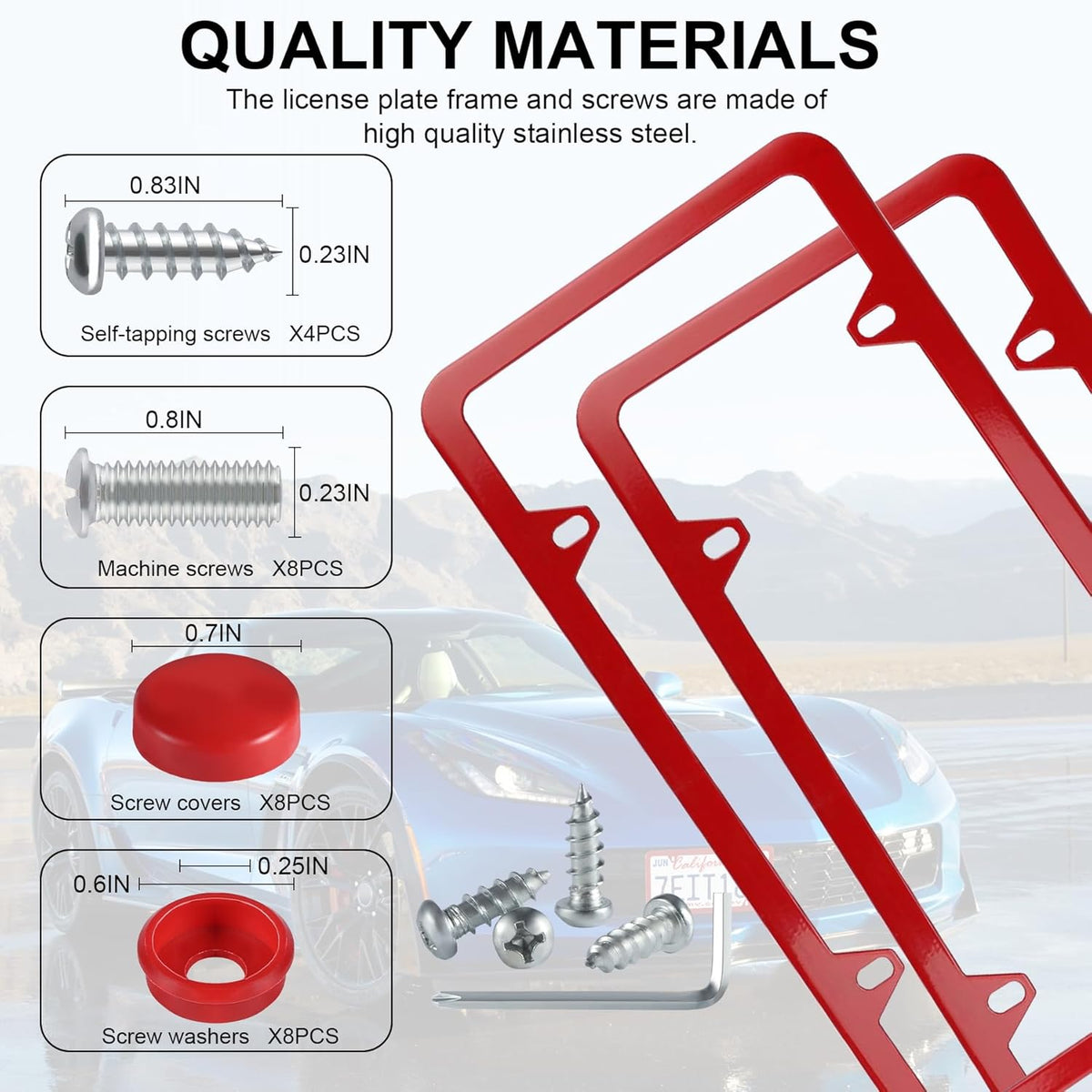 LivTee 4 Holes Stainless Steel License Plate Frames, 2 PCS Car Licence Plate Covers, Automotive Exterior Accessories Slim Design with Bolts Washer Caps for US Vehicles, Red