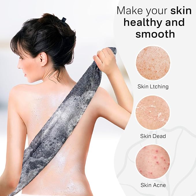 Yiclick Exfoliating Body Scrubber, Back Scrubber for Shower Bath, Japanese Scrub Wash Cloth, Exfoliating Washcloth Towel for Men Women, Body Exfoliator Loofah Luffa Sponge Net Rag Back Washer (Black)