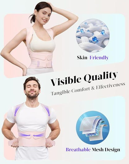 Posture Corrector for Women and Men, Full Back Support Brace, Adjustable Shoulder Straightener, Improving Posture, Relief Upper and Lower Back, Neck Pain, Pink, Medium