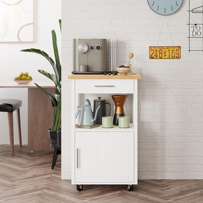 Shintenchi Kitchen Island Cart with Storage,Rolling Side Table on Wheels with Worktop,Single Door Cabinet and Drawer for Dinning Room, White