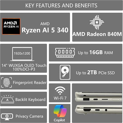 Lenovo Yoga 7 2-in-1 AI PC Laptop | 14" WUXGA OLED Touch (100% DCI-P3) | AMD Ryzen AI 5 340 (Up to 50 Tops) | 16GB DDR5 512GB SSD | for Creator Business Professional Win11Pro w/DLCA Accessory
