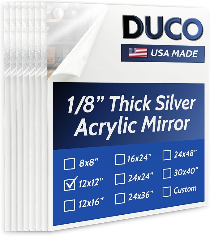 Duco USA-Made Acrylic Mirror Sheet 1/8 Inch Thick 12" x 12" (with Adhesives) - Pack of 8 Silver Frameless Plastic Mirror for Walls, Home Gyms, Bathrooms, & More - Shatter-Proof Mirrored Plexiglass